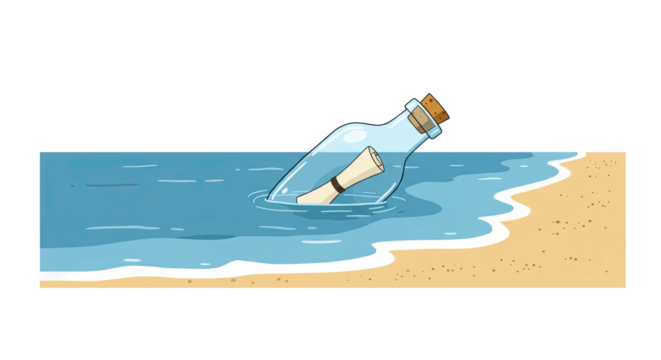 Glass Bottle with Rolled Paper Floating on Sandy Beach and Blue Water