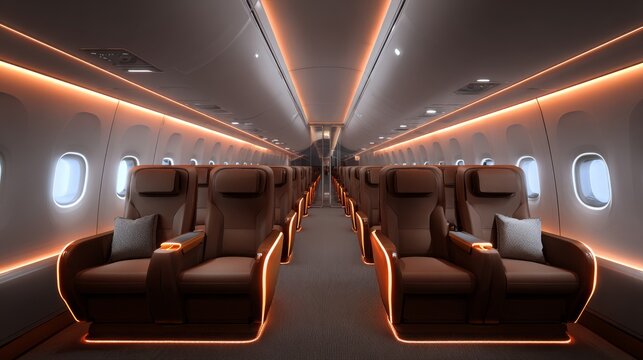 Fototapeta Modern Airplane Passenger Cabin with Comfortable Seats and LED Lighting