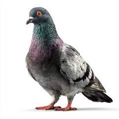 Obraz premium A close-up image of a pigeon. The pigeon is a grey and purple bird with a orange eyes, stands on a surface and captured in photorealistic detail