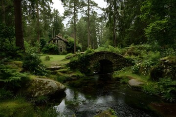 Obraz premium Serene Forest Glade Featuring Charming Stone Bridge Over Tranquil Creek Under Lush Canopy Misty Ambiance