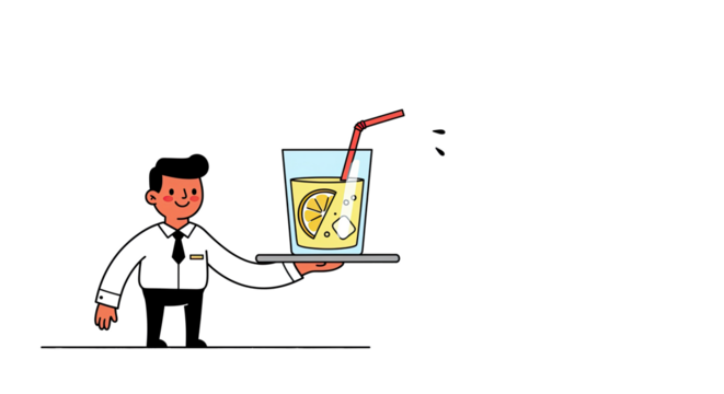 Smiling Waiter Holding Lemonade Drink on Tray Transparent Background