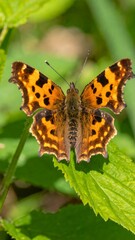 Obraz premium Orange and brown butterfly on green leaves