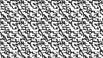 A repeating pattern of black abstract shapes on a white background creating a dense design