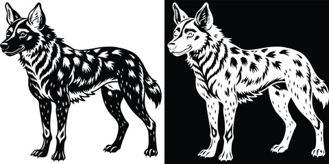 Striking African wild dog illustration with unique black and white design for creative projects