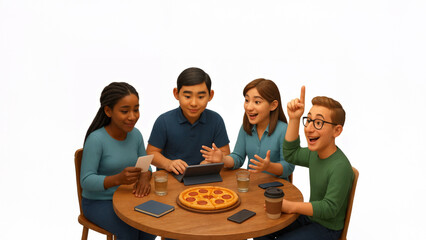 Happy group of friends enjoying pizza at a table while playing a quiz game, creating a lively atmosphere filled with laughter and fun, perfect for social gatherings.