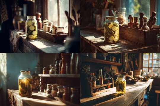 Rustic quadriptych showcasing sunlit jars of pickled cucumbers on weathered wooden surfaces, surrounded by vintage spice containers and bottles in a quaint, dimly lit setting