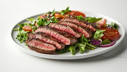 Sliced steak atop a vibrant salad.  Seared meat, fresh greens, and colorful toppings