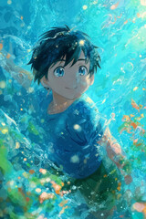 Cute anime boy gazing through a vibrant underwater world, surrounded by shimmering water, colorful marine elements, and a sense of wonder, ideal for kids' artwork and fantasy themes.