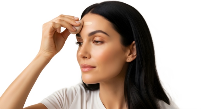Woman applying cosmetic foundation on her forehead with a sponge isolated on white background