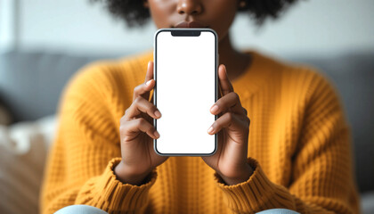 African American woman holding smartphone with blank white screen, perfect for app UI/UX mockups, tech ads & digital content.