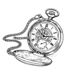Vintage pocket watch with chain detailed drawing