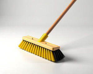 Modern style yellow broom on a clean white floor with strong shadows