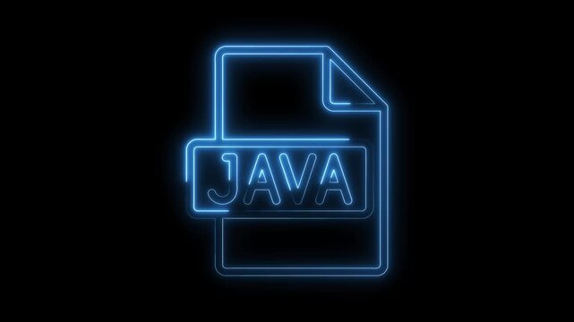 Glowing blue neon J A V A file icon symbol animated on a black background digital technology programming