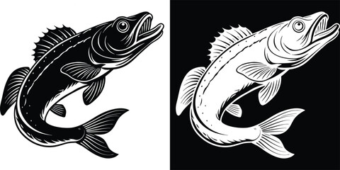 Striking walleye fish illustration in black and white great for fishing enthusiasts and creative projects
