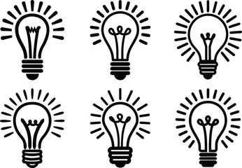 Collection of six stylized light bulb icons with radiating lines
