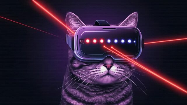 Cat wearing virtual reality headset with laser beams and neon colors  