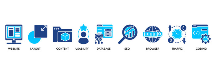 Web design icon set vector illustration concept relate to website, layout, content, usability, database, seo, browser, traffic and coding