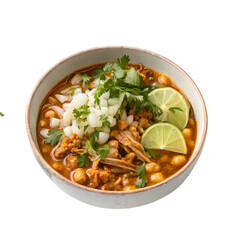 Aromatic Bowl of Pozole Traditional Mexican Stew with Chicken Hominy and Toppings on transparent background