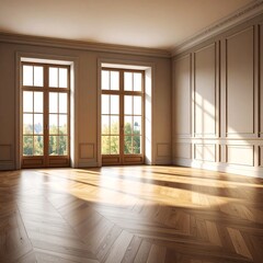 Empty elegant room with hardwood floors and large windows
