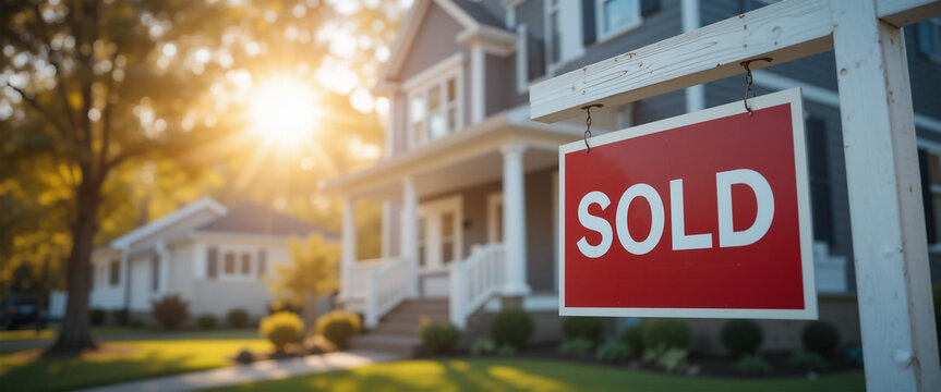 SOLD sign in front of beautiful house with sunset, perfect for real estate success, happy homeownership & property sales.