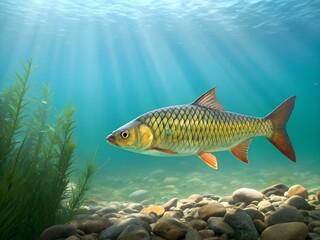 Naklejka premium Colorful fish swimming in clear water with sunbeams and aquatic plants