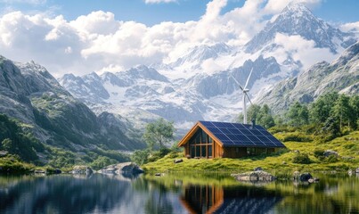 Fototapeta premium Rustic eco-home nestled in alpine valley
