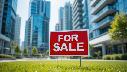 For Sale sign on green lawn in front of modern city buildings, perfect for real estate, property listings & urban development.