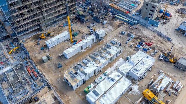 Capturing an aerial view of prefabricated modular buildings being installed at a construction site, with cranes and construction equipment highlighting modern techniques