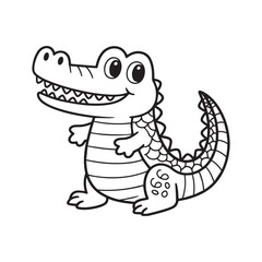 A black and white line art illustration of a cheerful crocodile with large, expressive eyes and a playful grin, positioned centrally against a plain white background. 