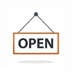 Open Sign with Brown Frame Hanging on Gray Rod in White Background