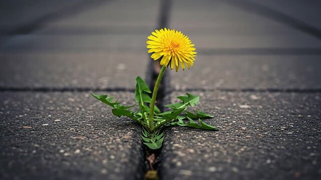 A single yellow dandelion flower growing through a crack in concrete pavement