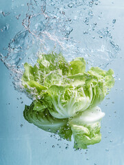 A crisp head of green lettuce is being washed, submerged in clear water with refreshing splashes and bubbles.