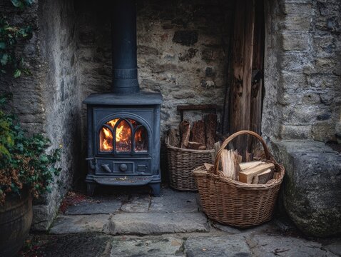Cozy wood stove in a stone alcove with firewood baskets