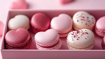 Obraz premium Macarons in heart shape in gift box isolated on pink background,events,aniversary festival gift set,french macaron cookies,trendy 2025,couple valentine Romantic love or pastry shop.