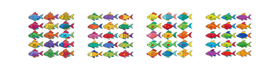 Fototapeta premium Colorful cartoon fish school illustration set-Collection of multiple illustrated fish in vibrant colors arranged in groups, ideal for marine life, aquarium, ocean, and decorative design projects.