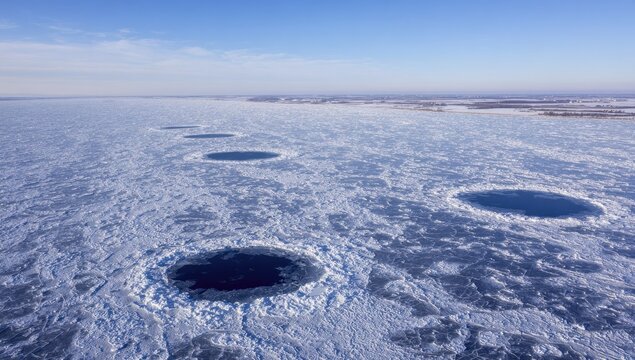 Aerial view of a frozen lake with several large, circular holes in the ice