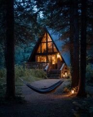 Small off-grid cabin nestled in the forest, warmly lit from within on a dark night. peaceful isolation, sustainable living, and the magic of nature-connected solitude.
