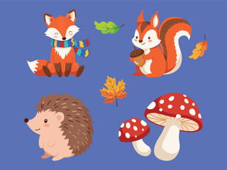 Cute cartoon animals and autumnal elements, including fox, squirrel, hedgehog, leaves, and mushrooms, on a vibrant background.