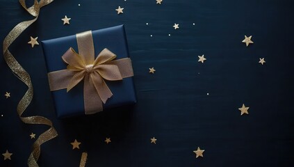 Gift box with gold ribbon on dark background