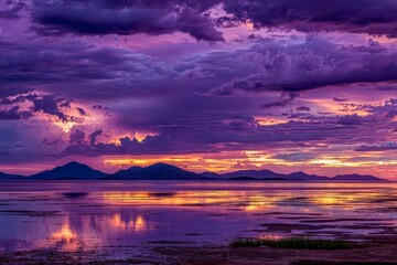 Fototapeta premium Vibrant sunset over a lake, dramatic clouds