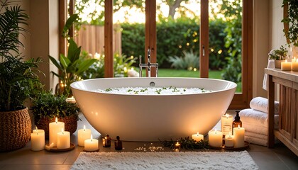 Relaxing spa tub in a modern bathroom with outdoor garden view
