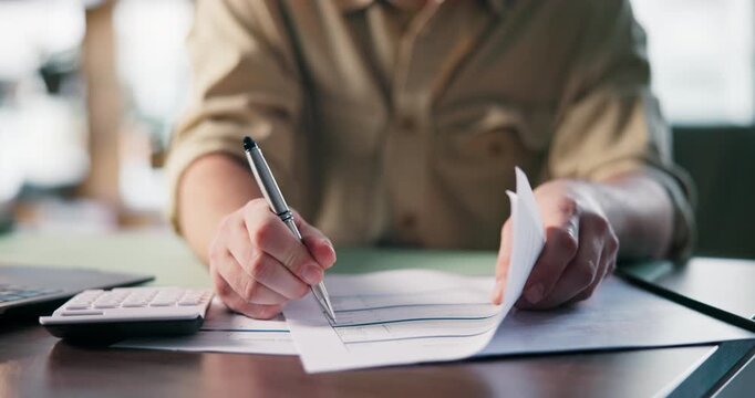 Calculator, documents and hands with business person at desk in office for application, audit or tax form. Paperwork, pen and writing with employee in workplace for accounting, budget or finance