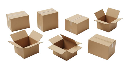 Fototapeta premium Eight pristine brown cardboard shipping boxes, dynamically arranged, unopened, against a seamless transparent studio cyc wall with soft shadowless lighting from a high angle shot. Concept for
