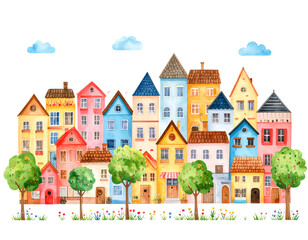 Fototapeta premium Colorful vector illustration set featuring various cartoon houses, buildings, and a castle, perfect for urban and village design