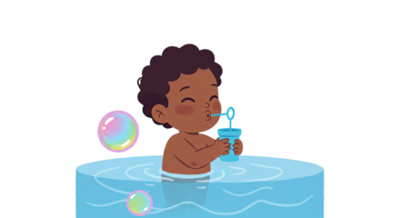 Cheerful Dark Skinned Child Blowing Bubbles in Water