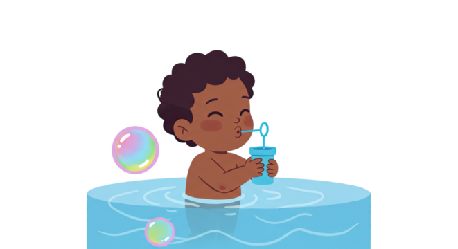 Cheerful Dark Skinned Child Blowing Bubbles in Water