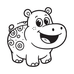 Fototapeta premium A black and white line art illustration of a cheerful hippopotamus with a wide mouth and a playful smile, depicted in a charming and accessible style perfect for children. 