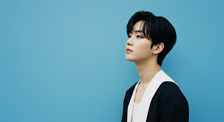 Modern portrait of a handsome young man with an introspective gaze, set against a simple blue backdrop