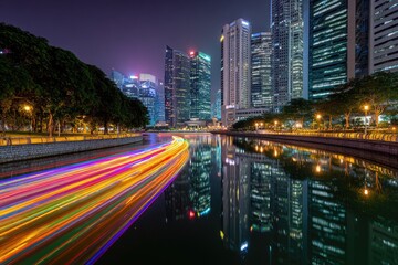 Obraz premium Night cityscape with vibrant light trails on water reflecting city buildings