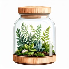 Glass Terrarium with Assorted Green Plants and Succulents on White Background